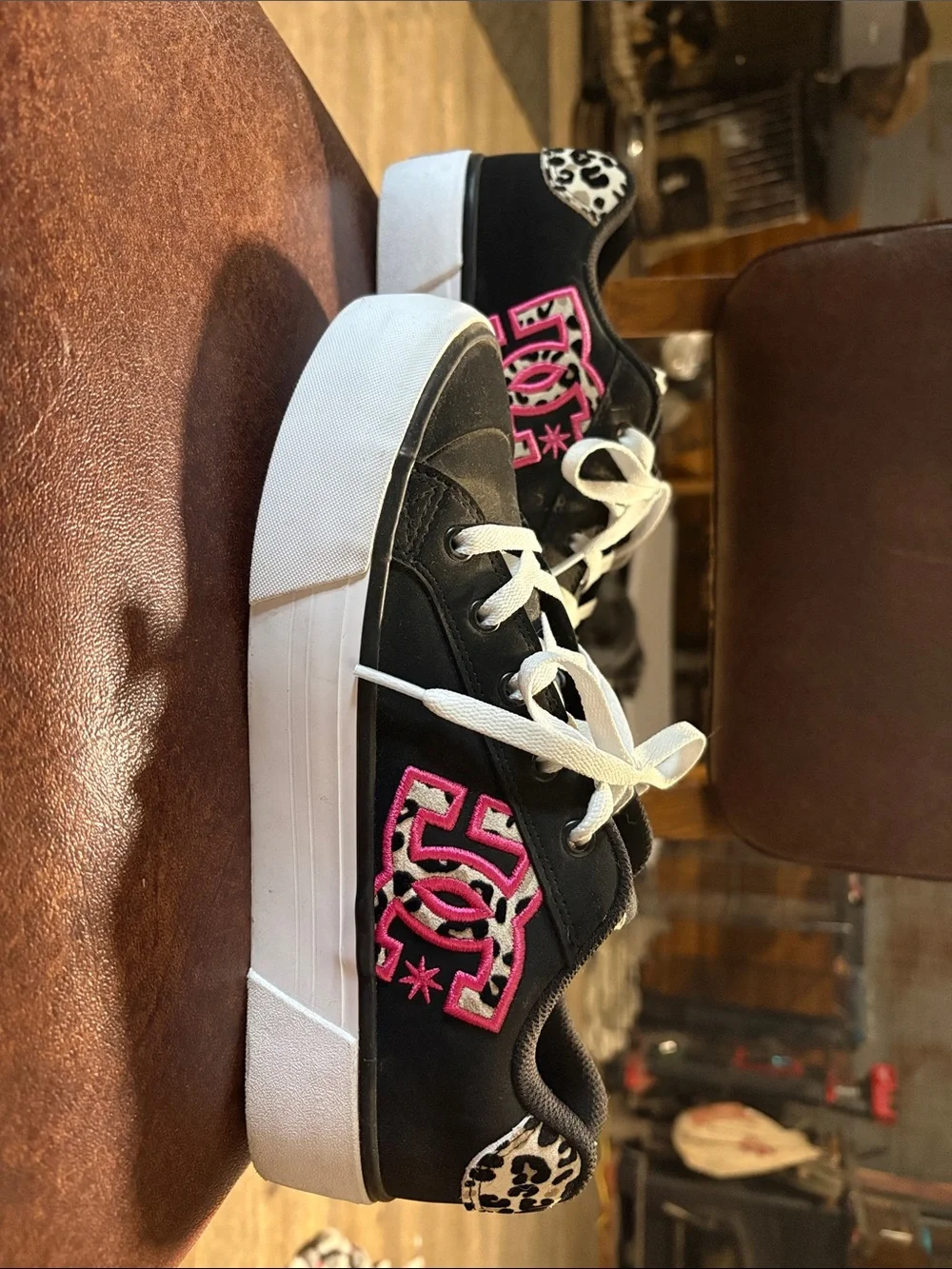 DC Women's Black Sneakers with Pink Logo and White Platform